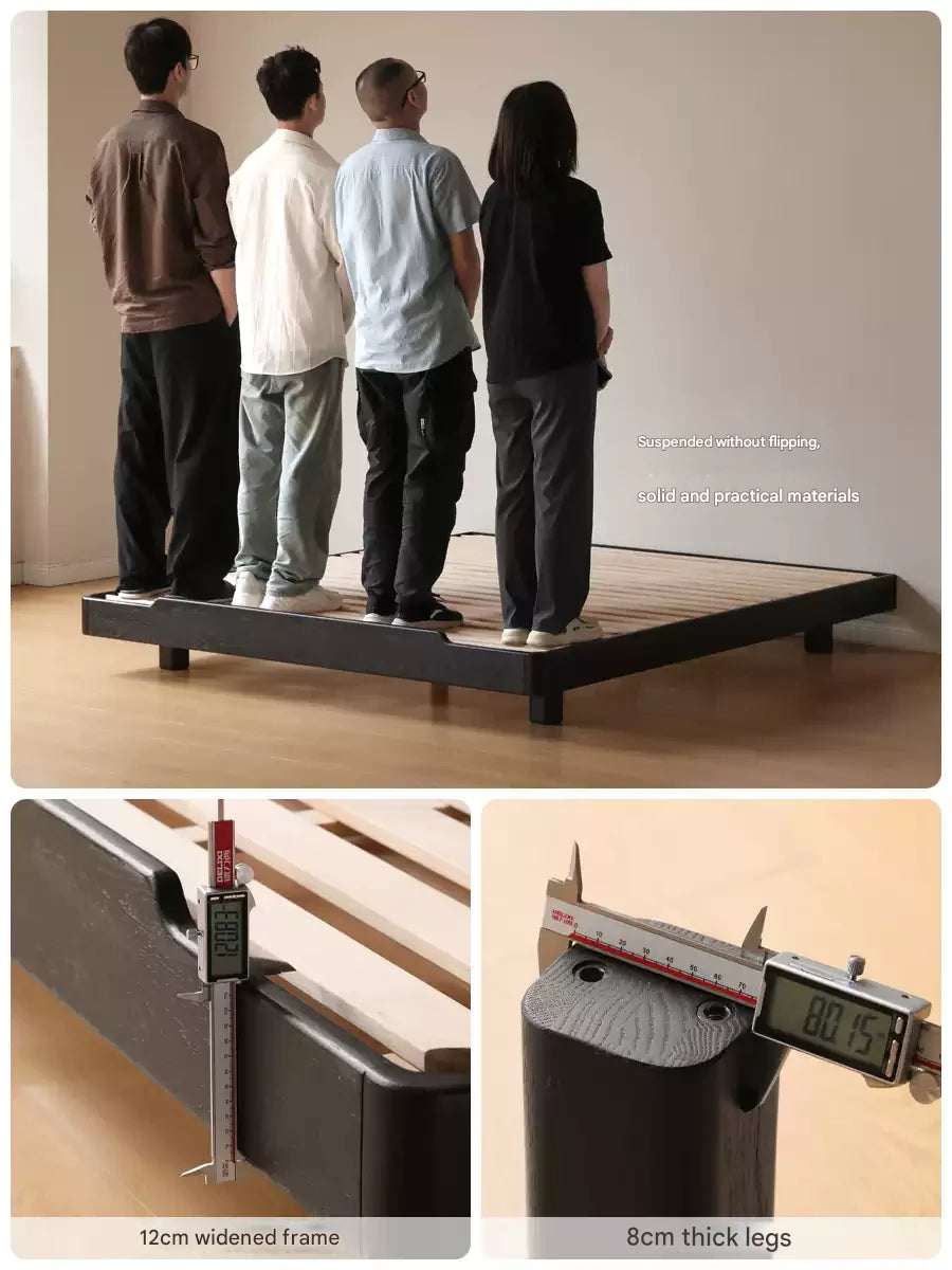 Oak, Rubberwood, Ash Solid Wood Suspended Platform Bed, Headboard-Free Bed Black with Light