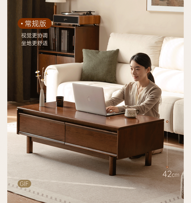 Solid Longan Hardwood Rectangular Coffee Table with Storage