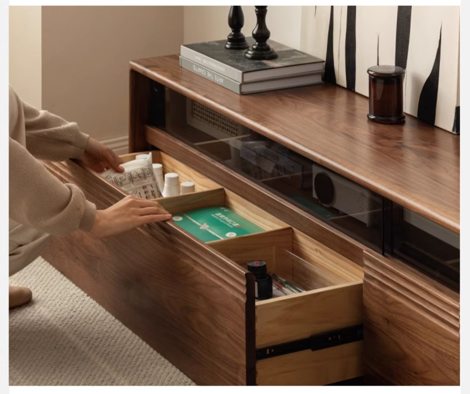 Black Walnut, Oak Solid Wood TV Cabinet LED Light Floor Cabinet.