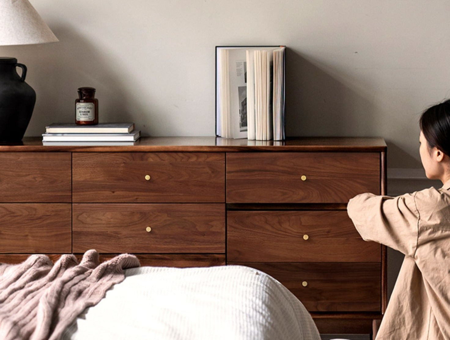 Black Walnut solid wood drawer, modern porch cabinet"