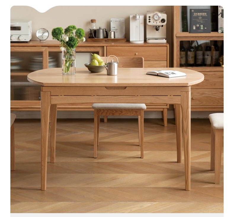 Solid Rubberwood, Oak Solid Wood Folding Round Retractable Dining Table