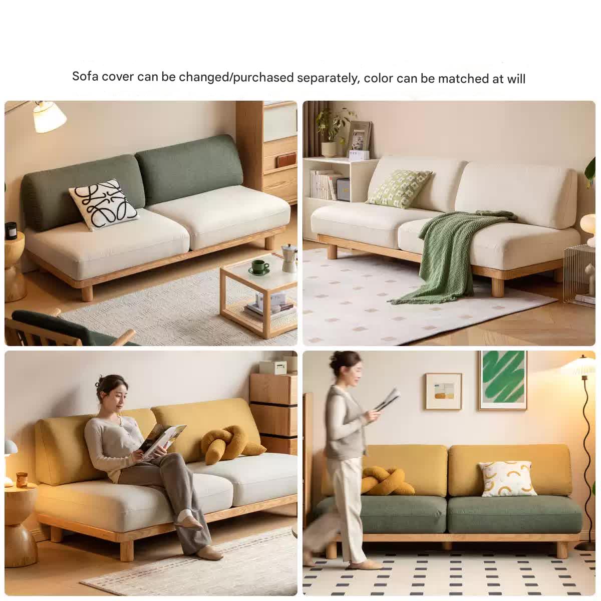 Oak Solid Wood Sofa Imitation Cotton and Linen