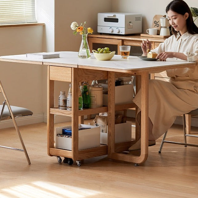 Oak Solid Wood Folding Multi-Functional Storage Telescopic Dining Table