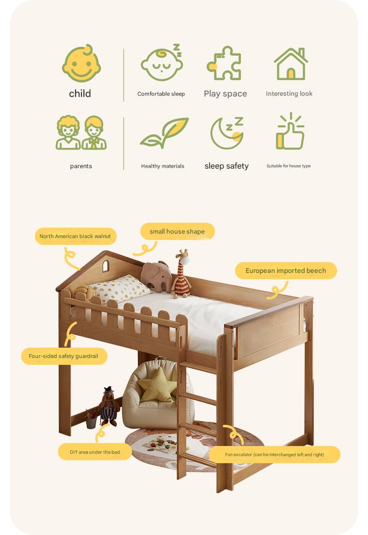 Beech Solid Wood Multi-functional High Bed, Loft Bed