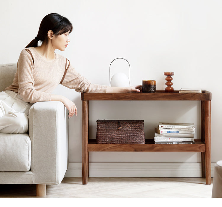Black Walnut Solid Wood Side Table, Double Layer Storage Shelf