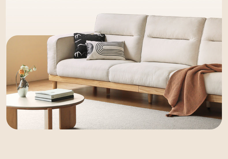 Oak Solid Wood Straight High Back Cloth Leather Sofa,