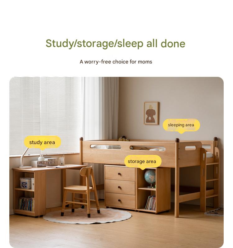 Beech Nordic Children's Solid Wood Loft Bed, Modern Minimalist Multifunctional Combination Bed with Table