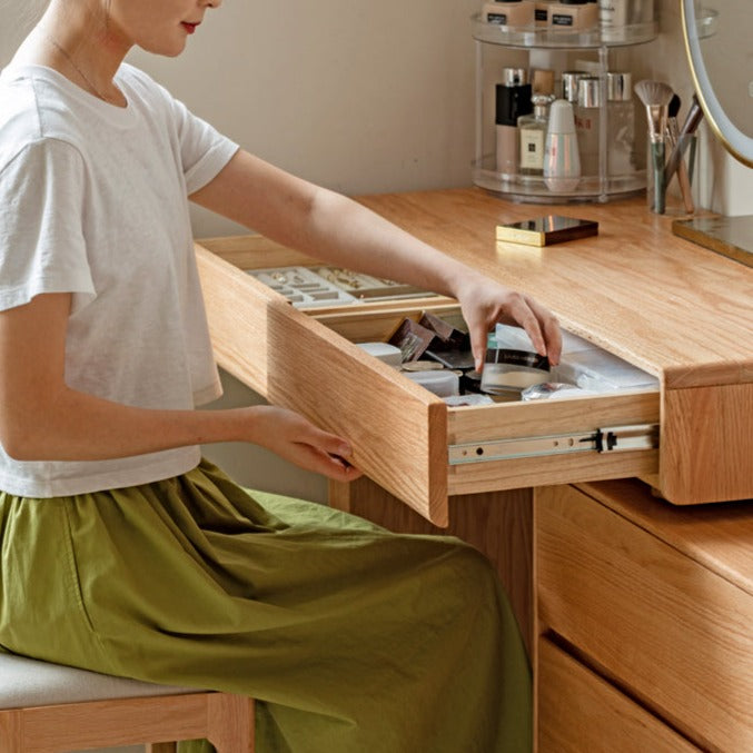 Oak, Ash Solid Wood Retractable Vanity Table Storage Cabinet.