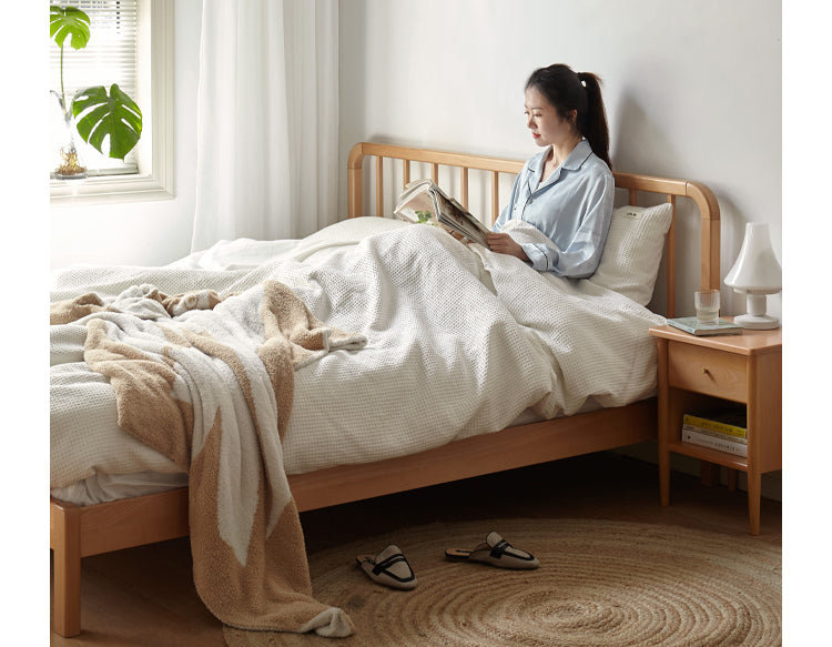 European Beech Solid Wood Bed Modern Simple