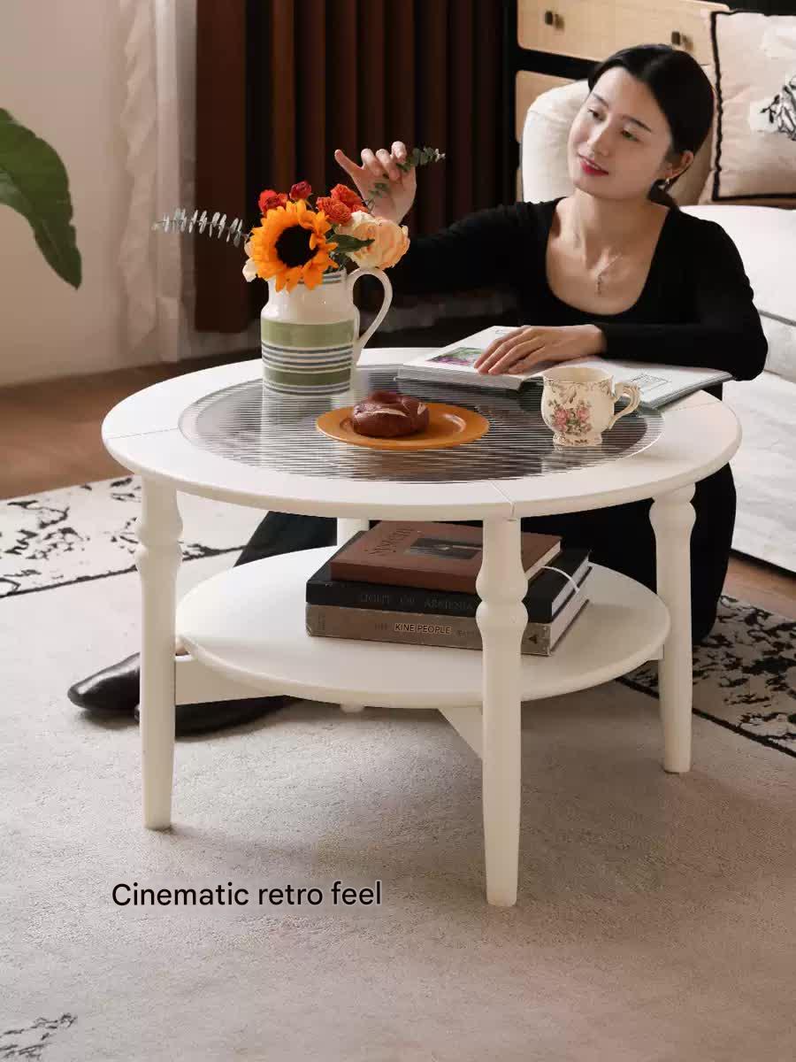 Rubber Solid Wood French Cream Style Glass Coffee Table