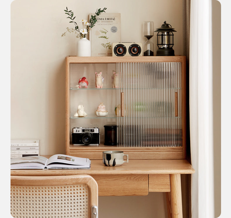 Oak, Cherry Solid Wood Desktop Locker Storage Cabinet Glass Sliding Door