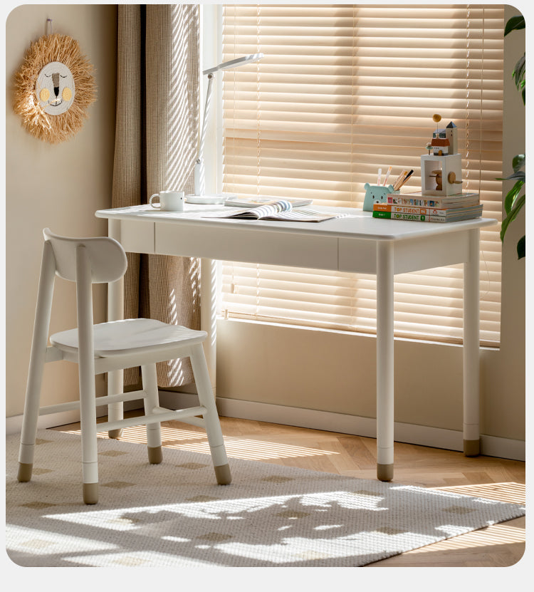 Poplar Solid Wood, solid Rubberwood Children's Elevated Learning Table Cream Drawer Table