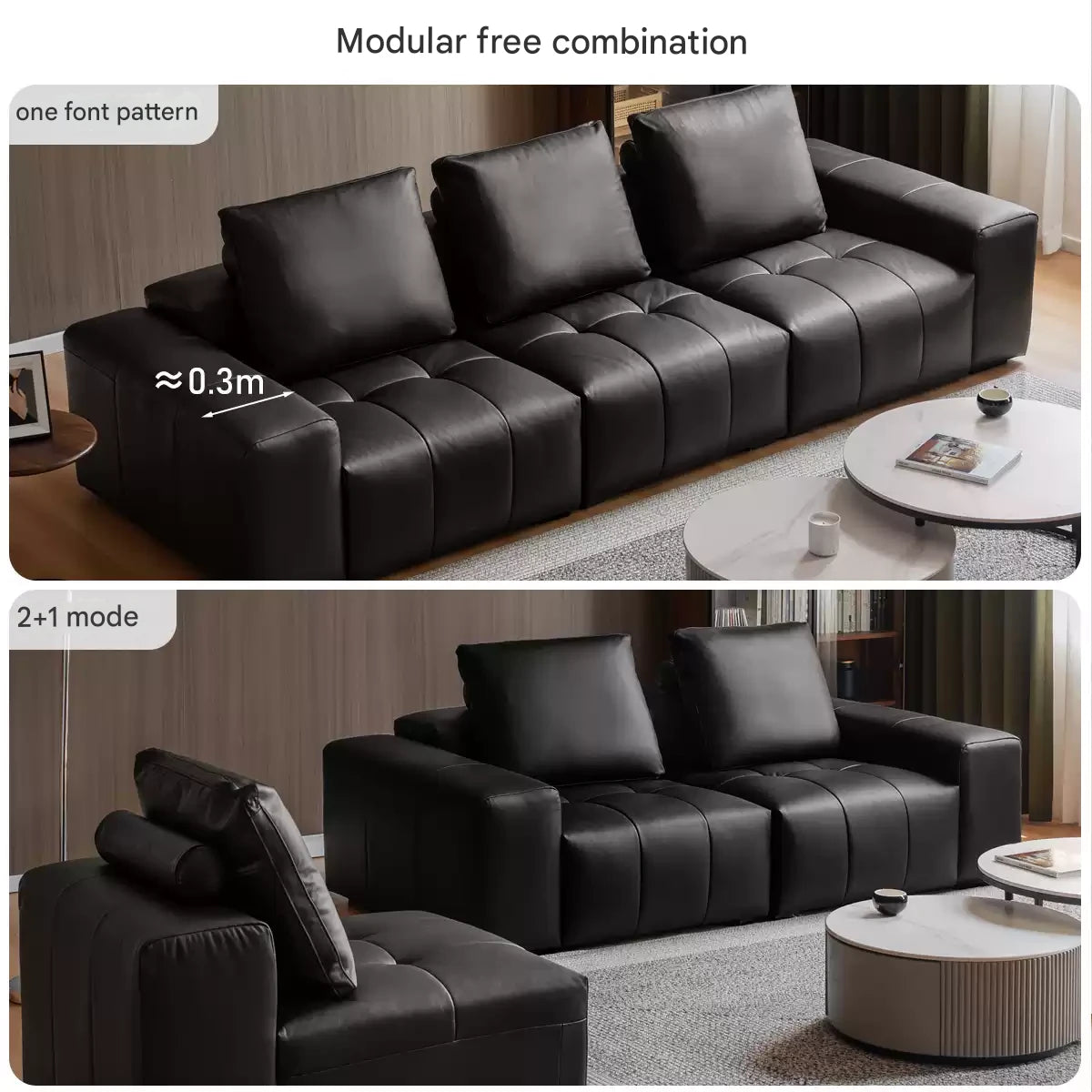 Genuine leather italian minimalist first-layer cowhide black pixel module sofa.
