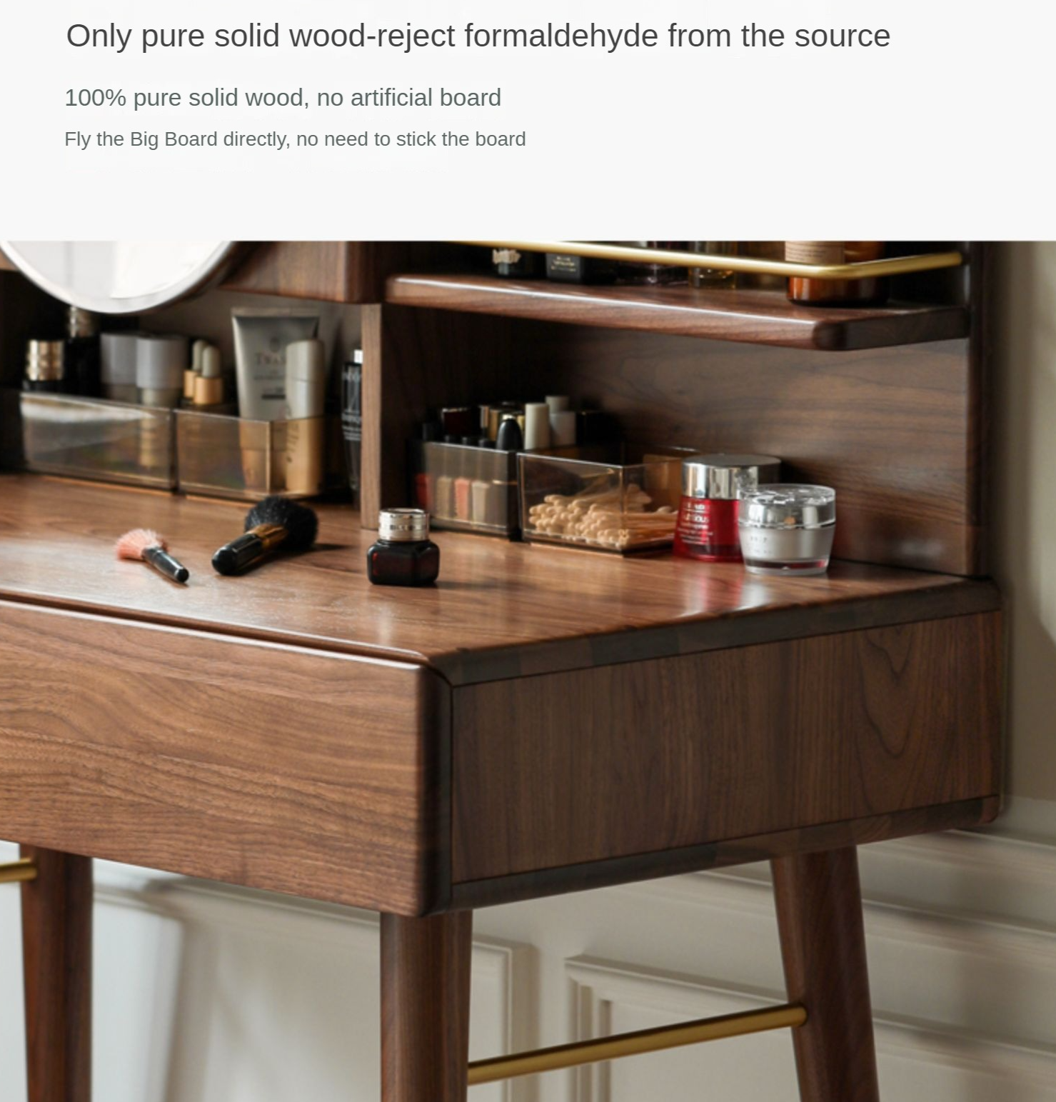 Black Walnut, Sandalwood Solid Wood Moon Makeup Mirror Vanity Table.