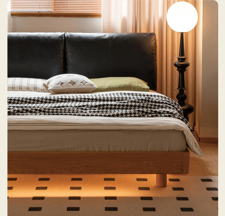 Cherry solid wood leather soft suspended bed