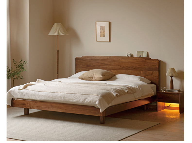 Black Walnut, Ash Solid Wood Big Bed with Light