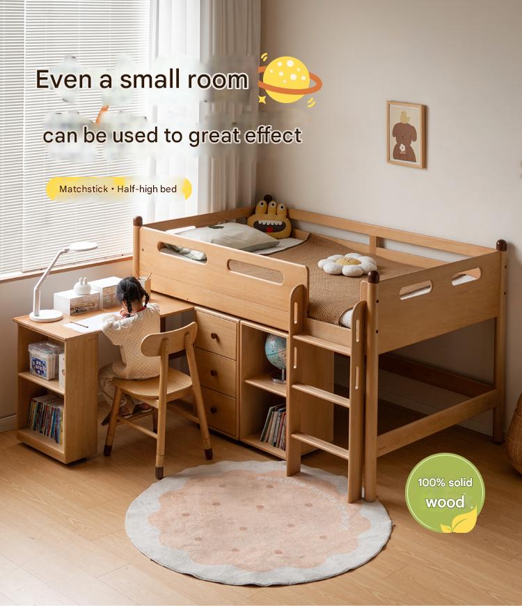 Beech Nordic Children's Solid Wood Loft Bed, Modern Minimalist Multifunctional Combination Bed with Table