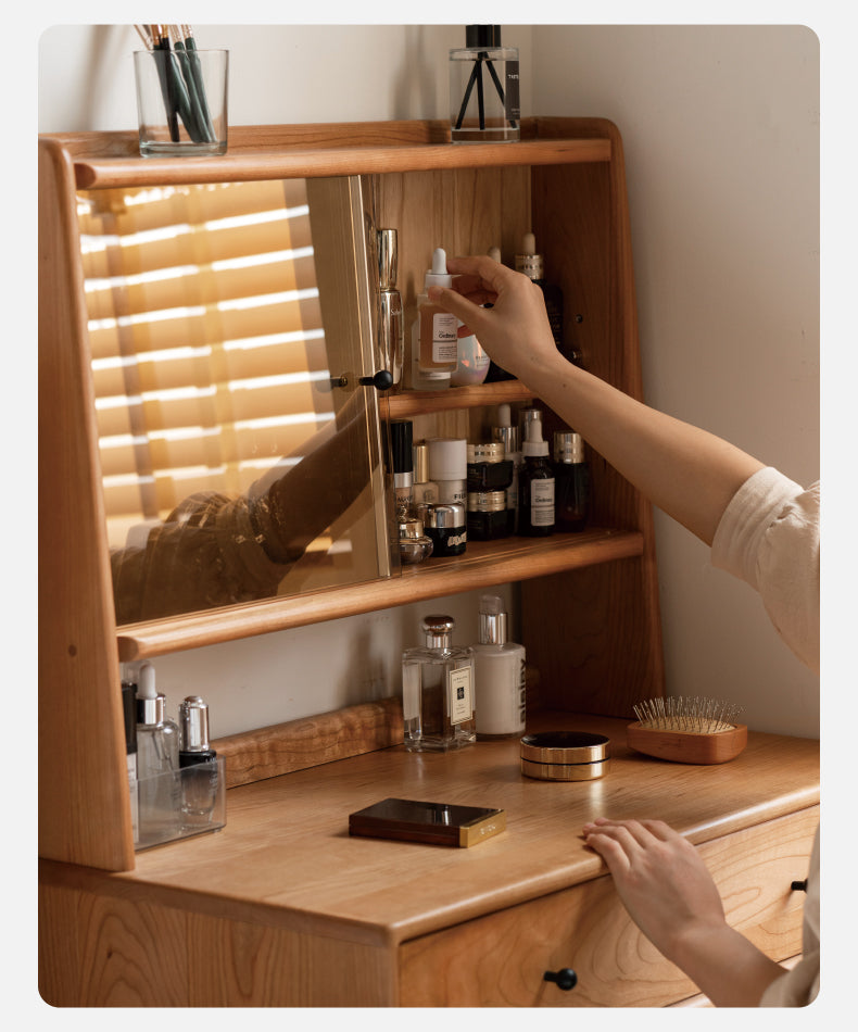 Cherry, Birch Solid Wood Multi-Functional Storage Vanity Table.