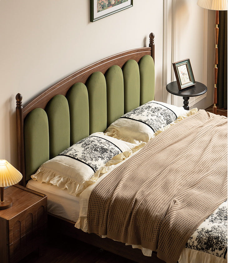 Black Walnut, Oak Solid Wood French Style Leather Bed with Retro Soft Headboard