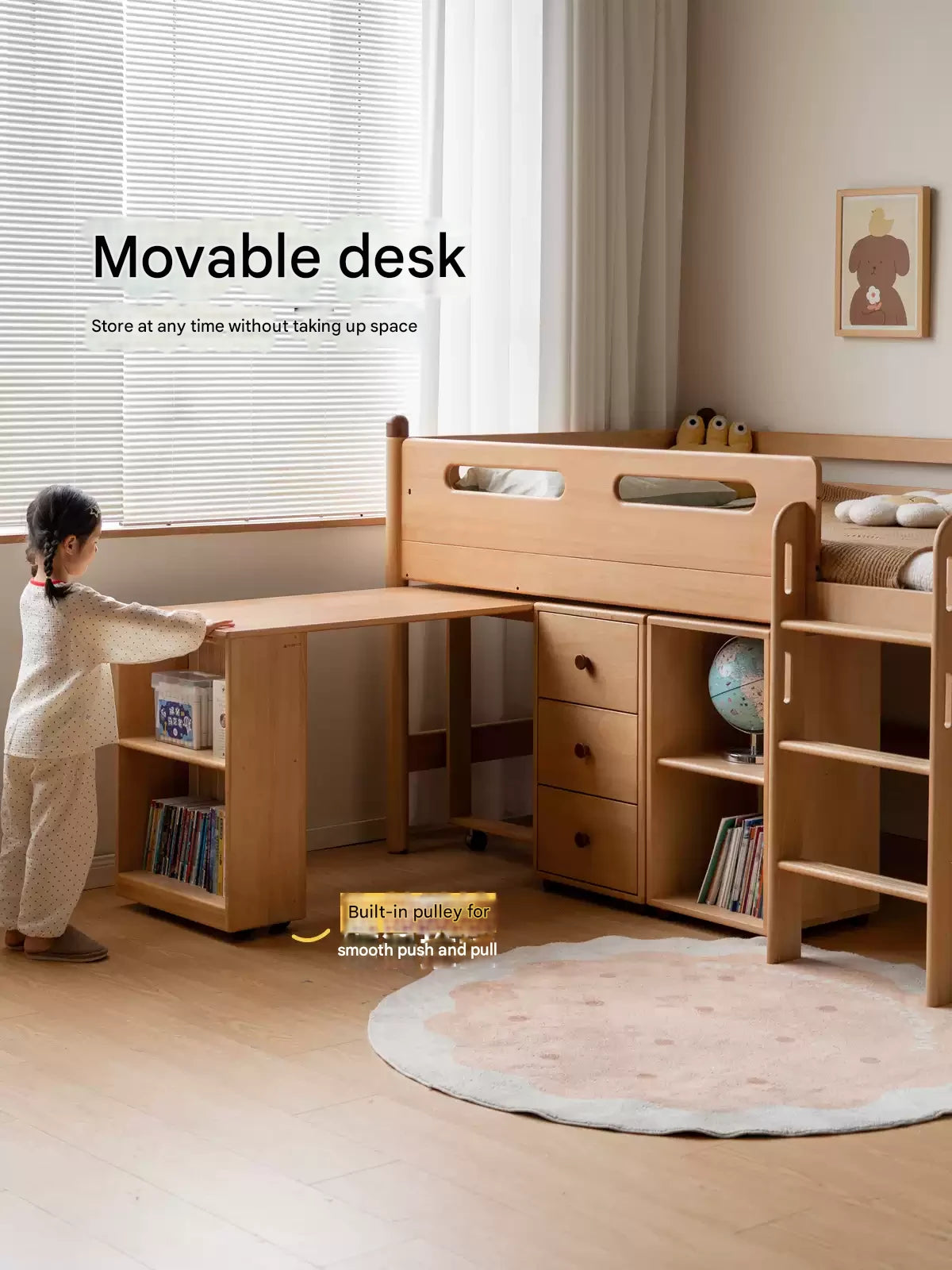 Beech Nordic Children's Solid Wood Loft Bed, Modern Minimalist Multifunctional Combination Bed with Table