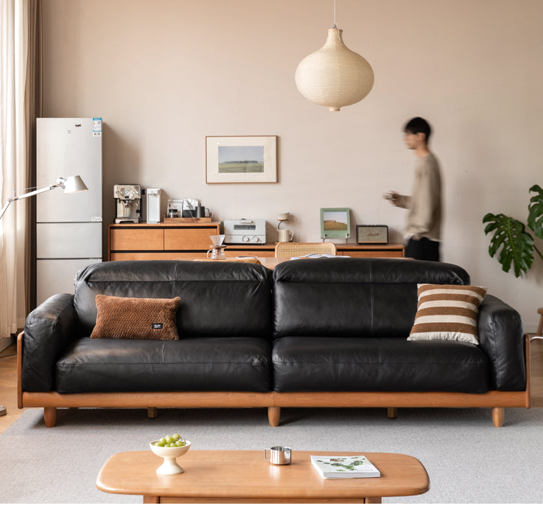 Cherry Wood Solid Wood Modern Leather Sofa
