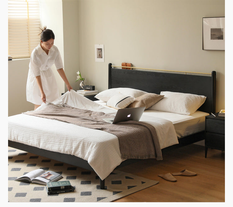Oak Solid Wood Black Retro American Bed