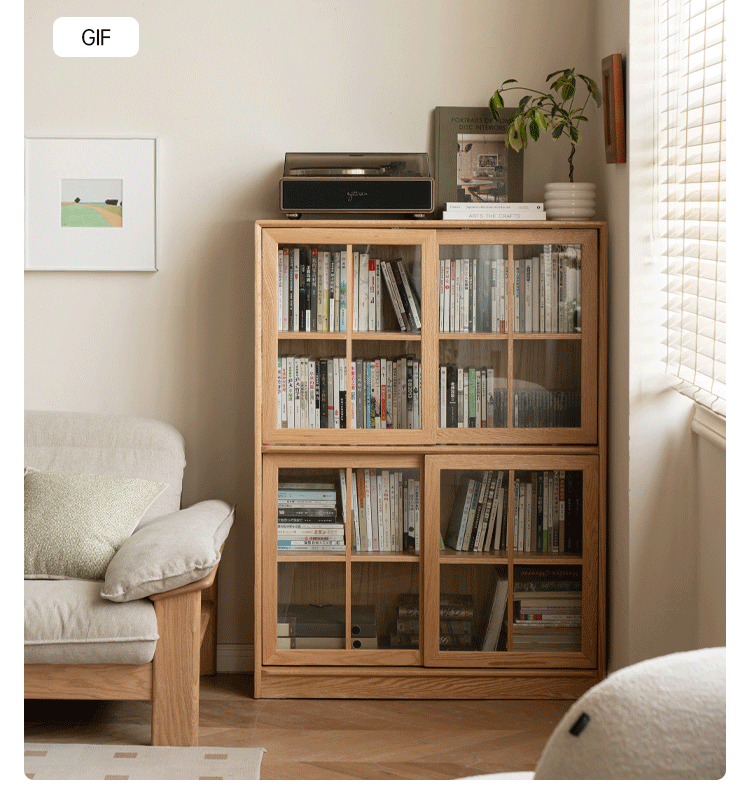 Oak Solid Wood Bookcase Floor to Floor Free Combination Sliding Door