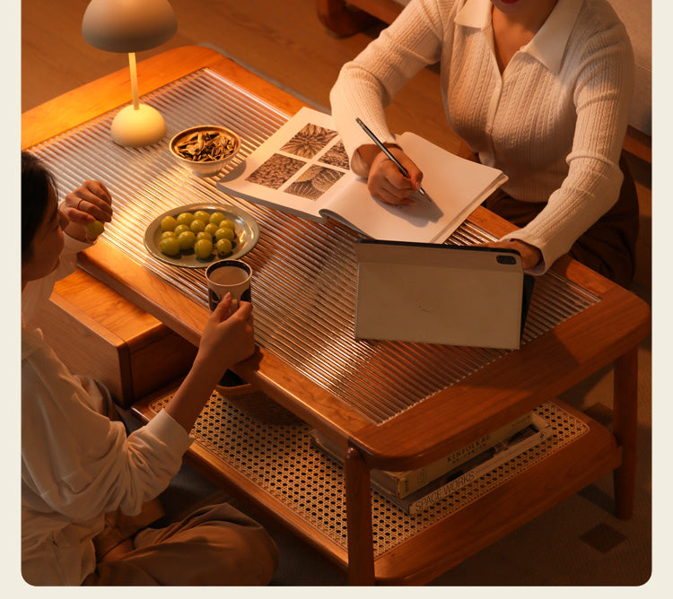 Cherry Solid Wood Coffee Table Glass, Rattan