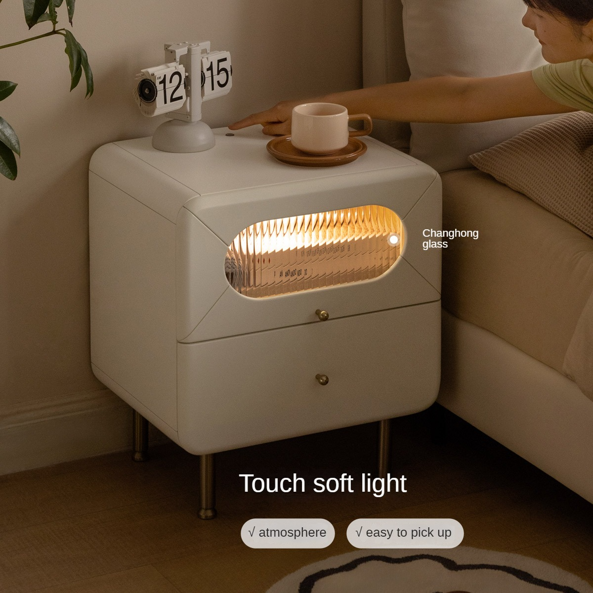 Poplar Solid Wood Nightstand Touch Light