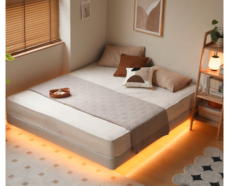 Leather platform bed, headboard-free floating bed cream style
