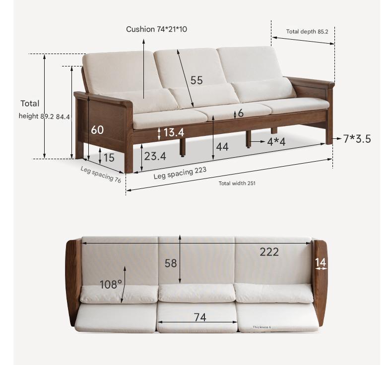 Ash Walnut Colored Straight Fabric Sofa.
