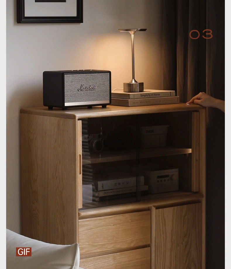 Ash Solid Wood Modern Minimalist Side Cabinet with Light.