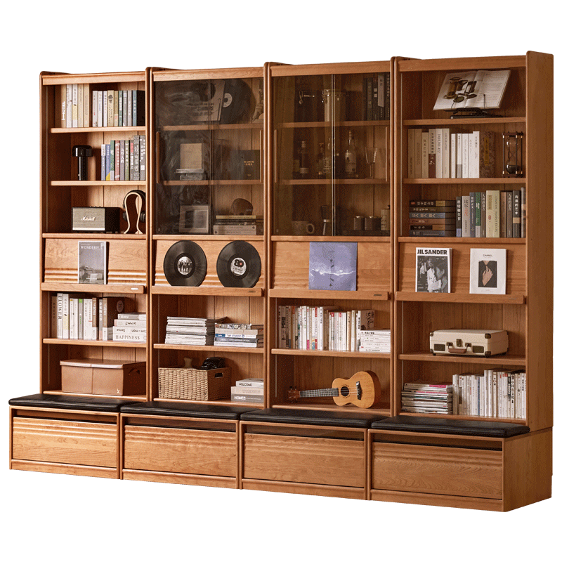 Cherry Solid Wood Bookcase with Wall Integration and Floor Storage Cabinet