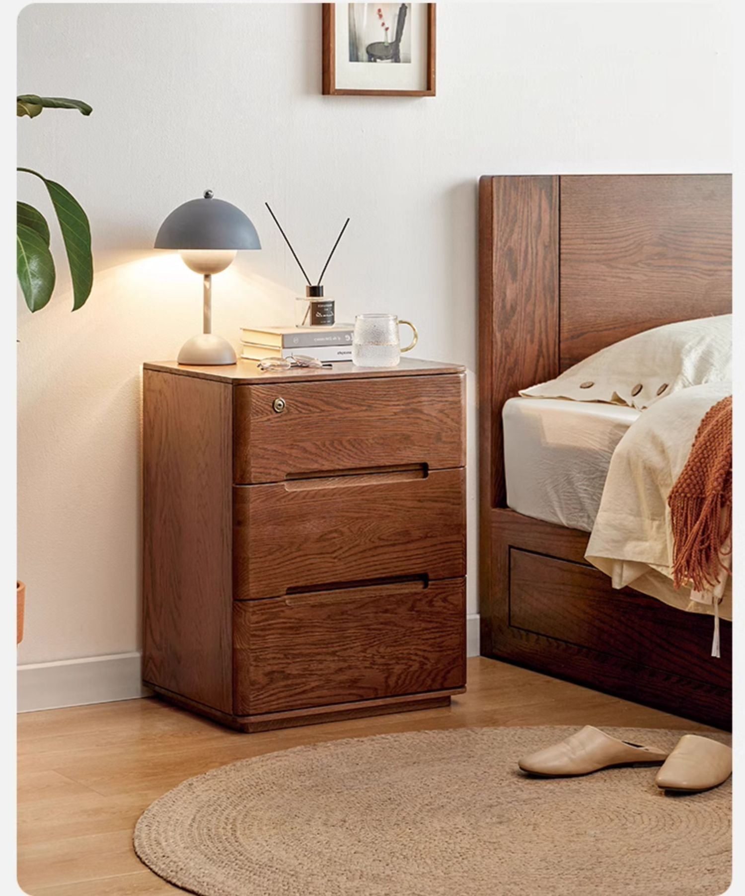 Oak Solid Wood Nightstand with Lock.