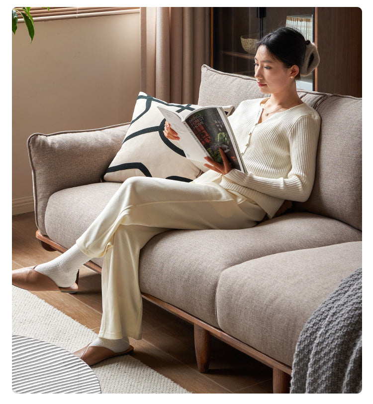 Oak Solid Wood Leather, Fabric Straight Sofa.