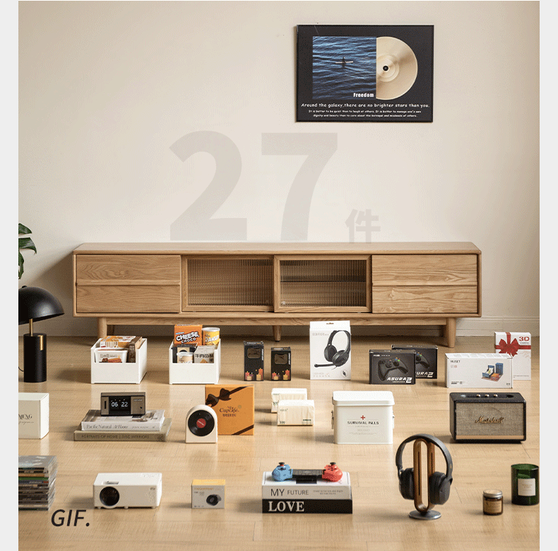 Ash Solid Wood Modern Log Style TV Cabinet