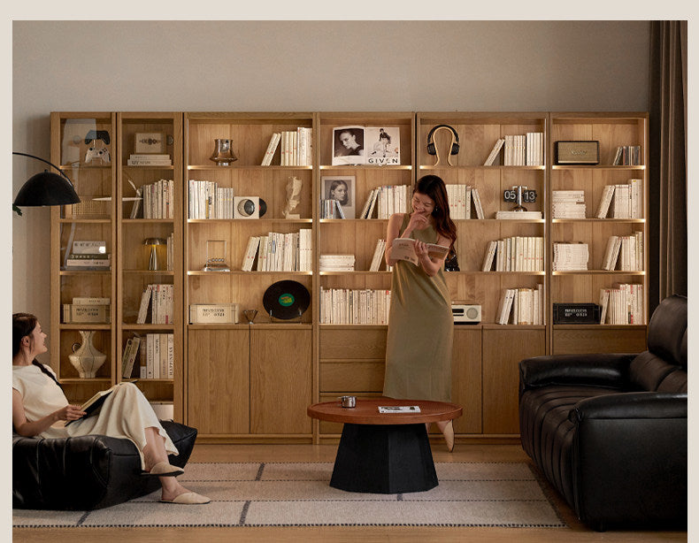 White Oak Solid Wood Bookcase and Display Cabinet with Glass Doors and Built-In Lights