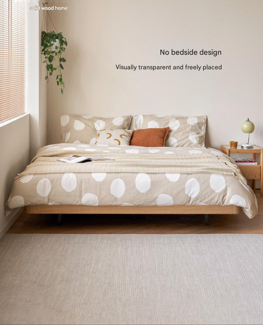 Oak Solid Wood platform bed, headboard-free bed Night Light Suspended Bed
