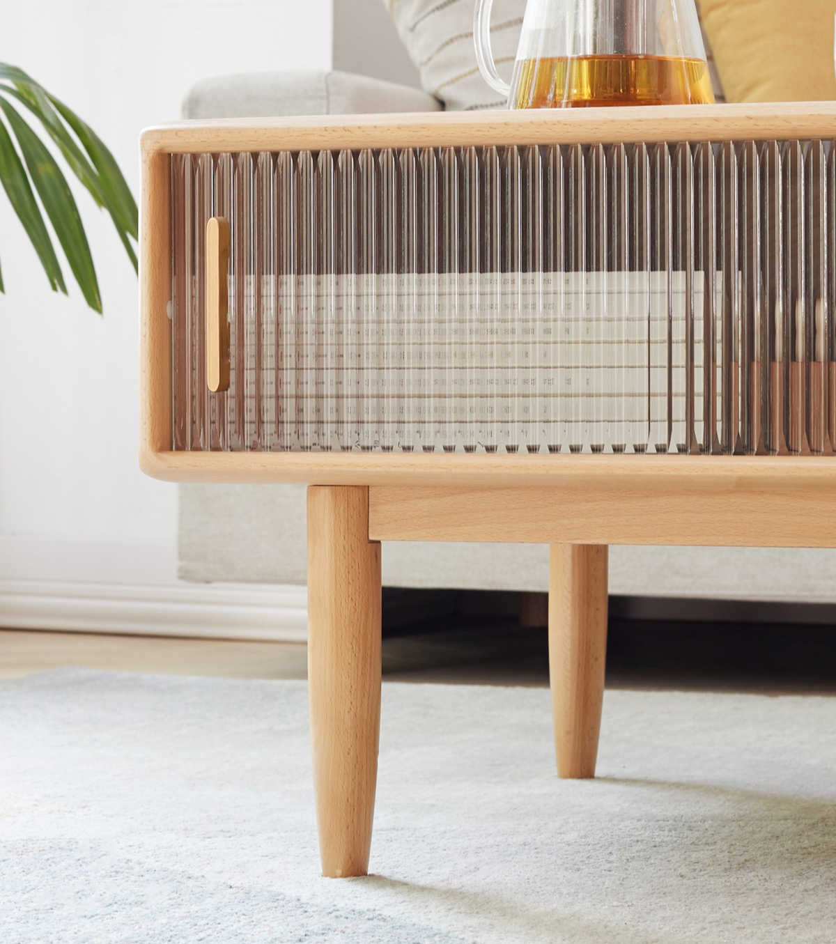 Beech Solid Wood Glass Sliding Door Coffee Table