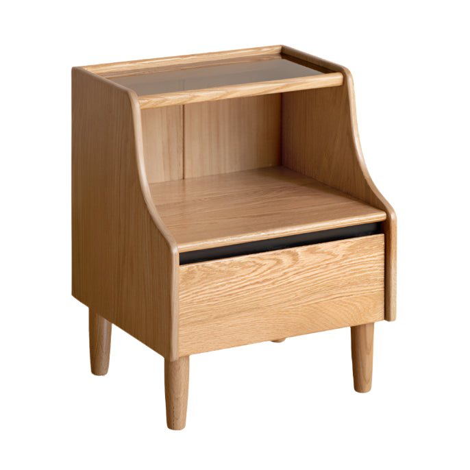 Solid RubberWood, Oak Solid Wood Nightstand with Glass Door with Storage