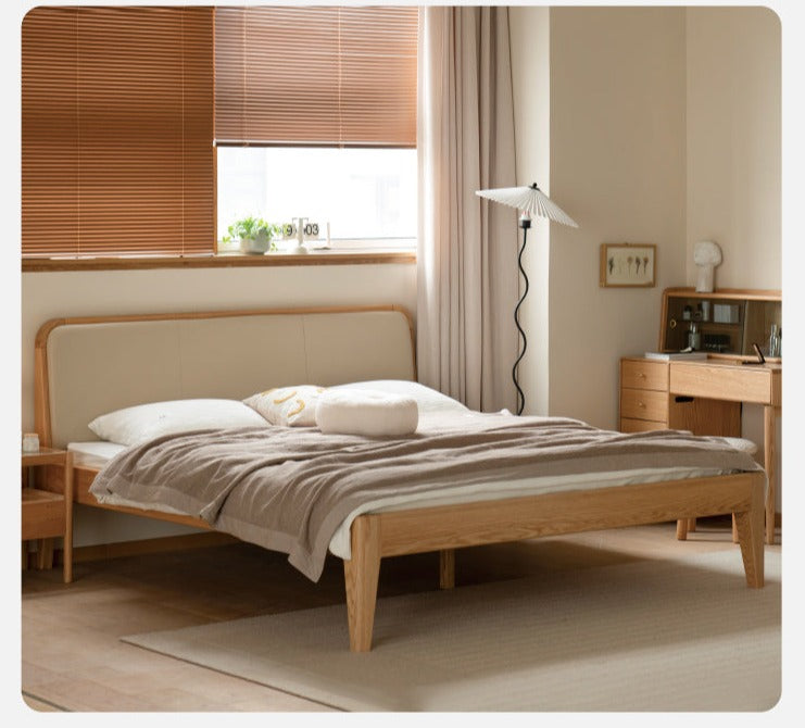 Oak Solid Wood Bed Modern Genuine Leather,Technology Cloth, Fabric