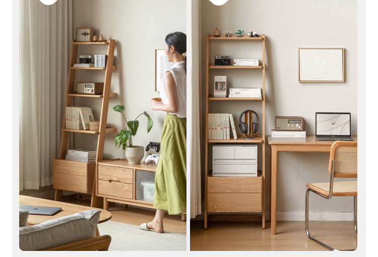 Oak Solid Wood Side Cabinet, Trapezoidal Storage Rack