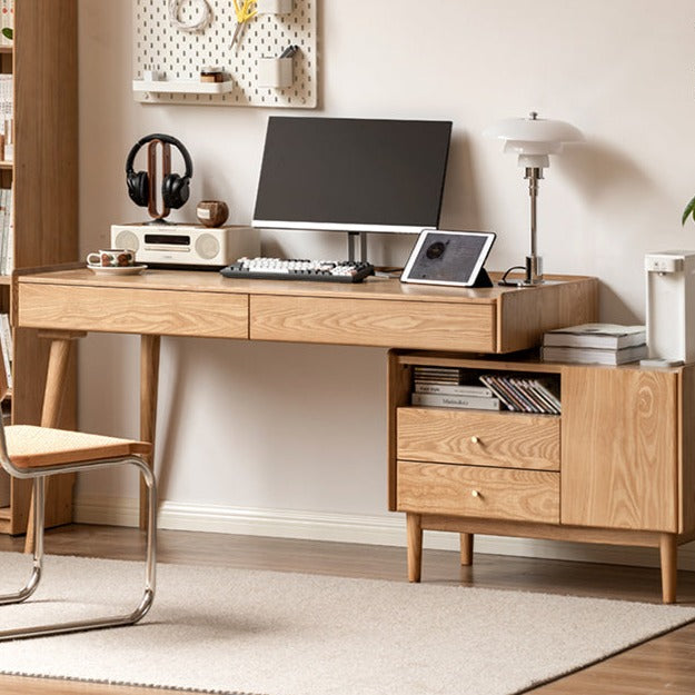 Ash Solid Wood Retractable Desk with Cabinet, Home Office