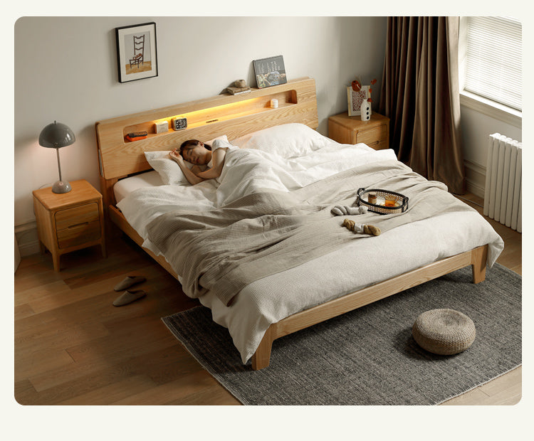 Oak, Beech Solid Wood With Light And Bookshelf Bed