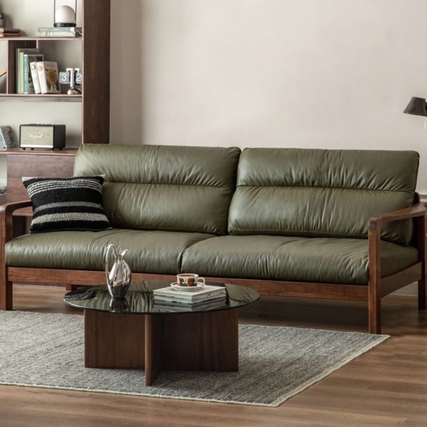 Black Walnut Solid Wood Light Luxury Leather Sofa.