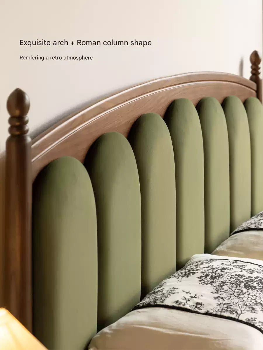 Black Walnut, Oak Solid Wood French Style Leather Bed with Retro Soft Headboard