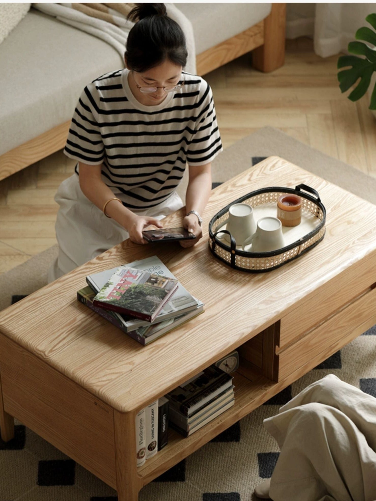 Oak, Solid Rubberwood Coffee Table Three Drawers