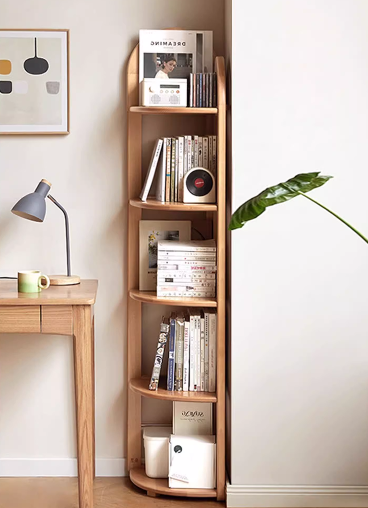 European Beech Solid Wood Corner Bookshelf.