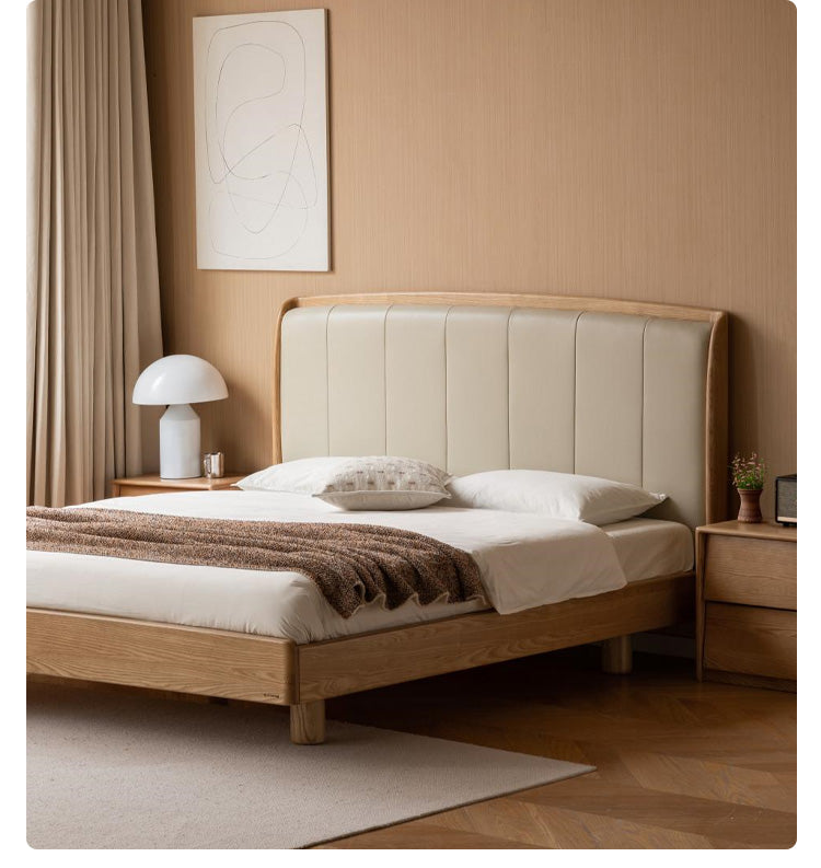Ash Solid Wood Genuine Leather High Soft Back Bed