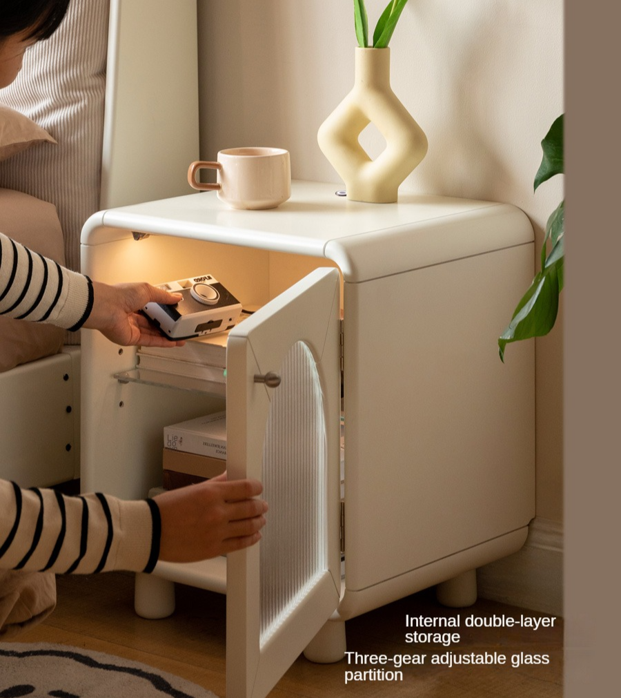 Solid RubberWood, Poplar Solid Wood Light Nightstand Cream Style